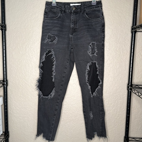 Zara High Rise Black Distressed Fishnet frayed hem Jeans Goth Grunge - Picture 6 of 14